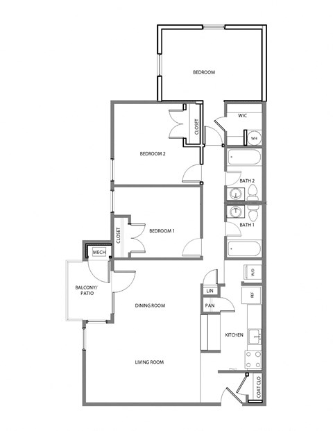 Floor plan for 3 beds, 2 baths, 1068 sqft